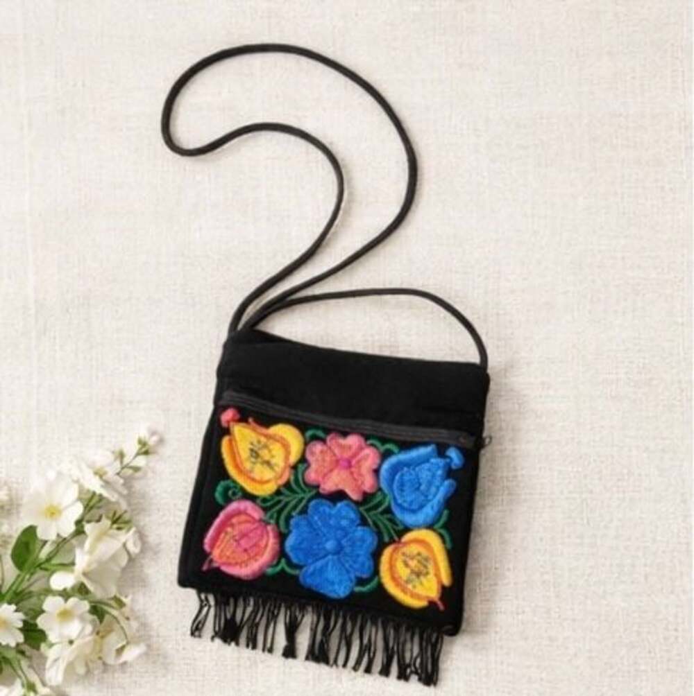 Mexican Floral Embroidered Velvet Crossbody Bag with Fringe